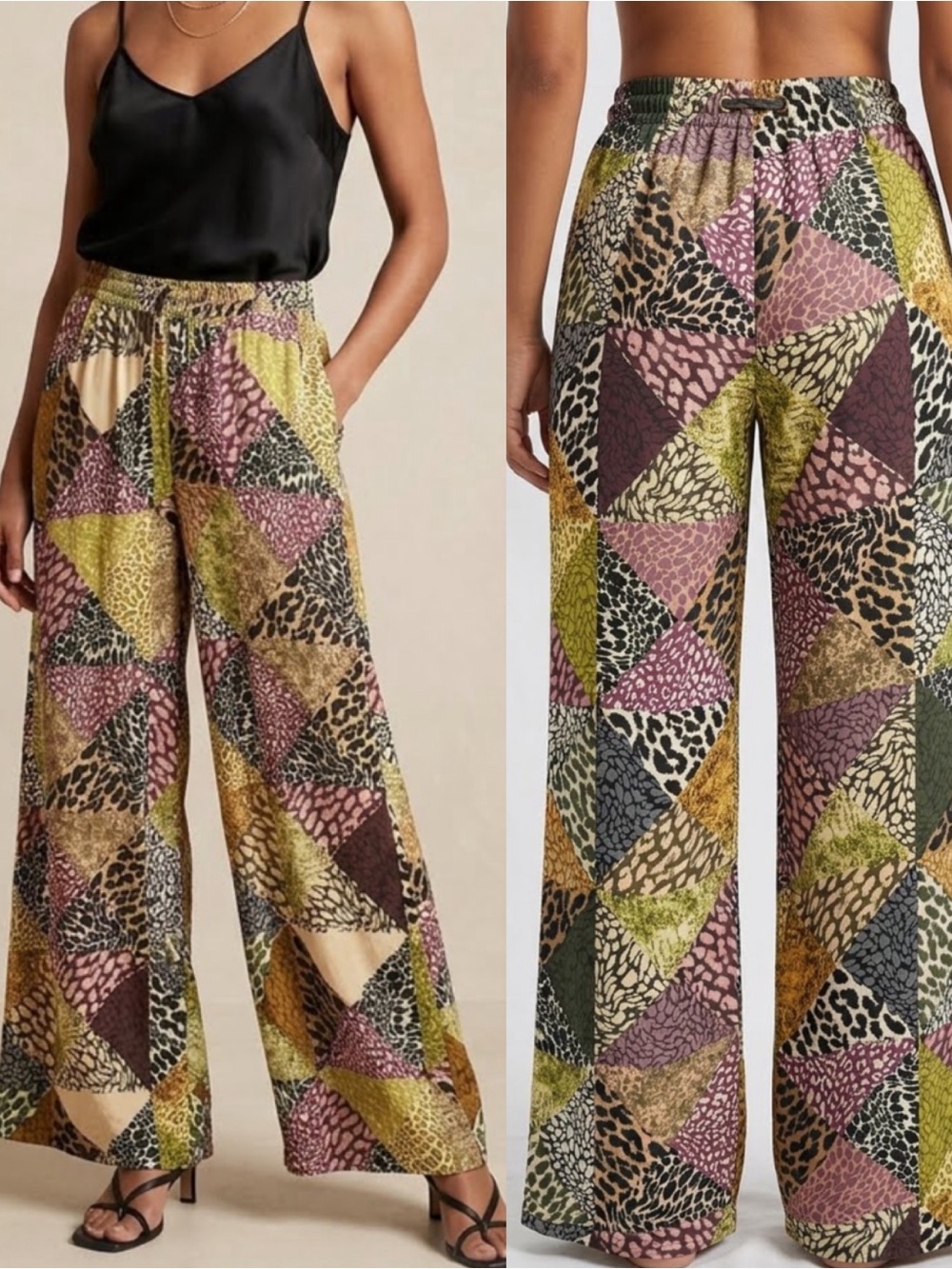 Resa High Rise Wide Leg Palazzo Pant Patchwork Animal Print Boho Bohemian